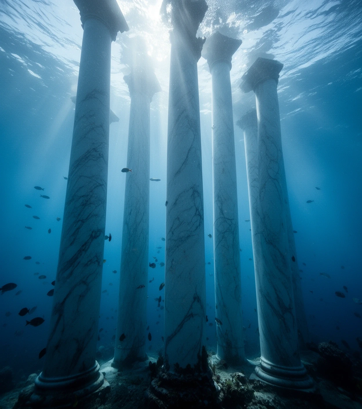 Sunken colonnade under deep water